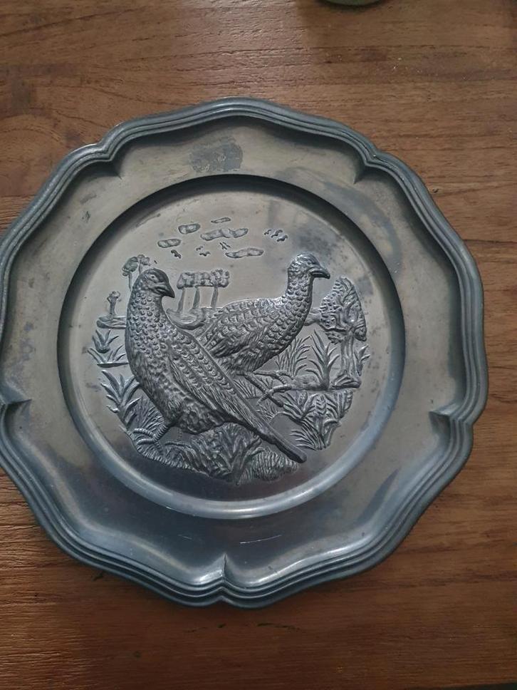 Tinnen bord met fazanten, Antiek en Kunst, Antiek | Tin, Ophalen of Verzenden