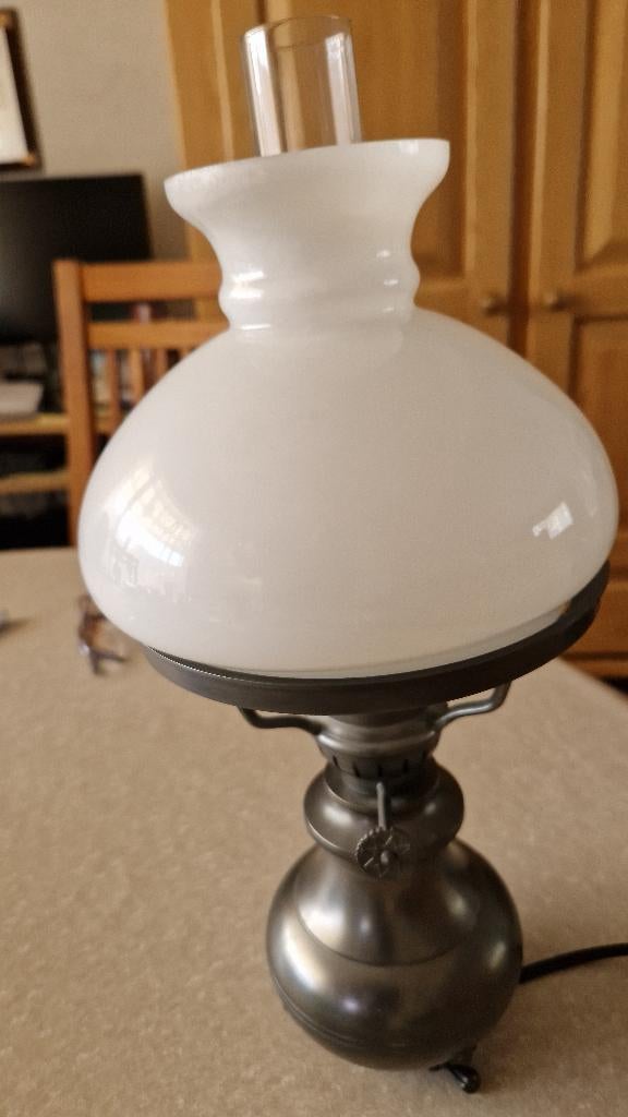 2 antieke tafellampen tin-glas, Antiek en Kunst, Antiek | Lampen, Ophalen of Verzenden