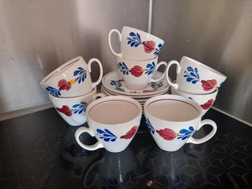 Koffiekopje en schotel, Boerenbont, set van 8, Huis en Inrichting, Keuken | Servies, Zo goed als nieuw, Kop(pen) en/of Schotel(s)
