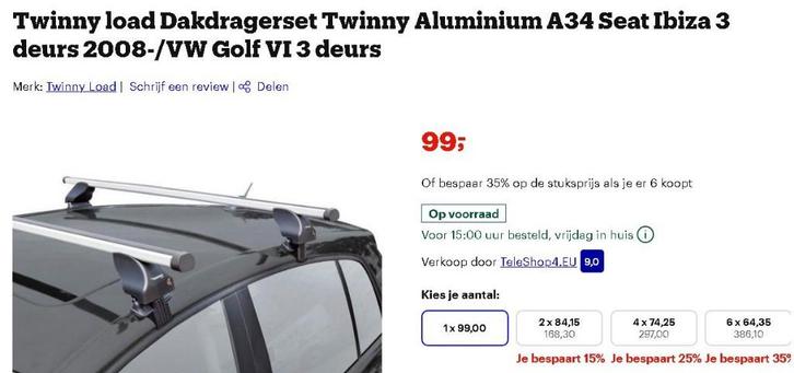 NIEUW IN DOOS Twinny load Dakdragerset Twinny Aluminium A34, Auto diversen, Dakdragers, Nieuw, Ophalen of Verzenden
