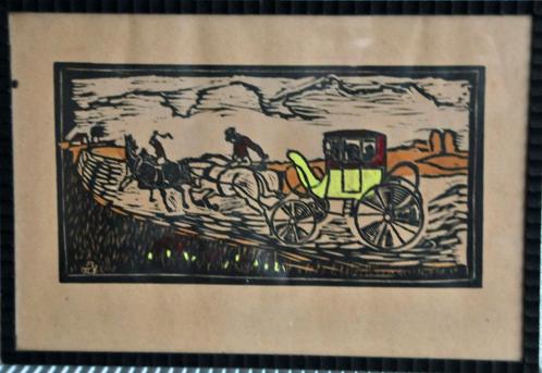 Ingekleurde Houtsnede '' Postkoets '', Antiek en Kunst, Kunst | Litho's en Zeefdrukken, Ophalen of Verzenden
