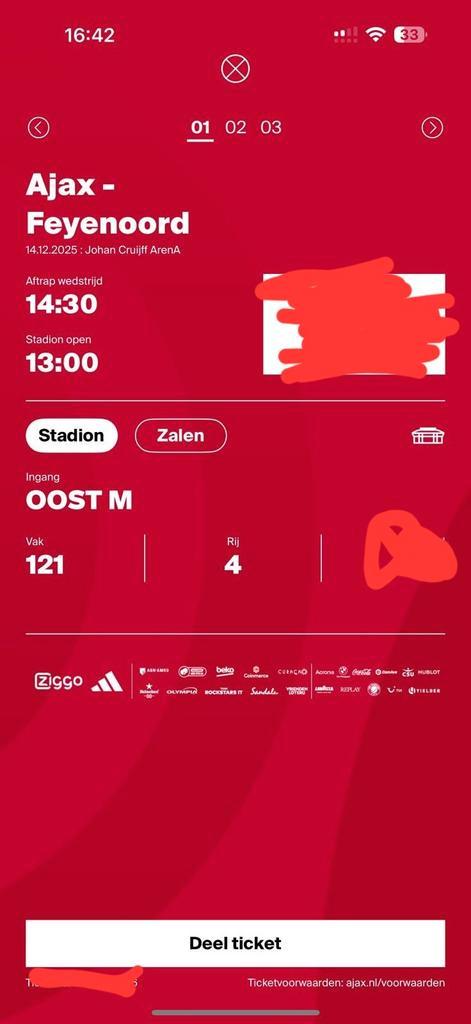 Ajax Feyenoord 3x naast elkaar vak 121 laag inclusief zaal, Tickets en Kaartjes, Sport | Voetbal, Drie personen of meer, December