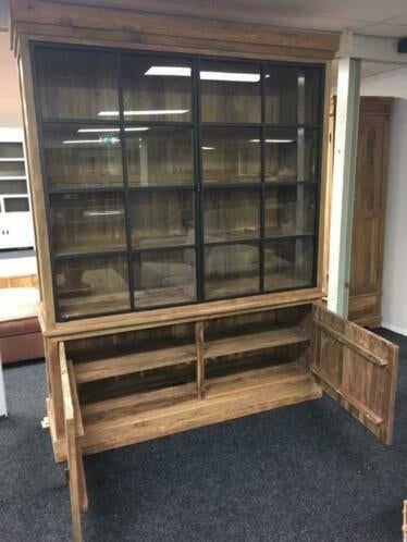 buffetkast Teak 2 metaal +2 teak deuren 170cm breed voorraad, Glas, 150 tot 200 cm, Nieuw, Ophalen of Verzenden