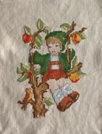 Borduurwerk, zijde, Hummel, appels plukken, vogel, vintage, Ophalen, Gebruikt, Handborduren, Overige typen