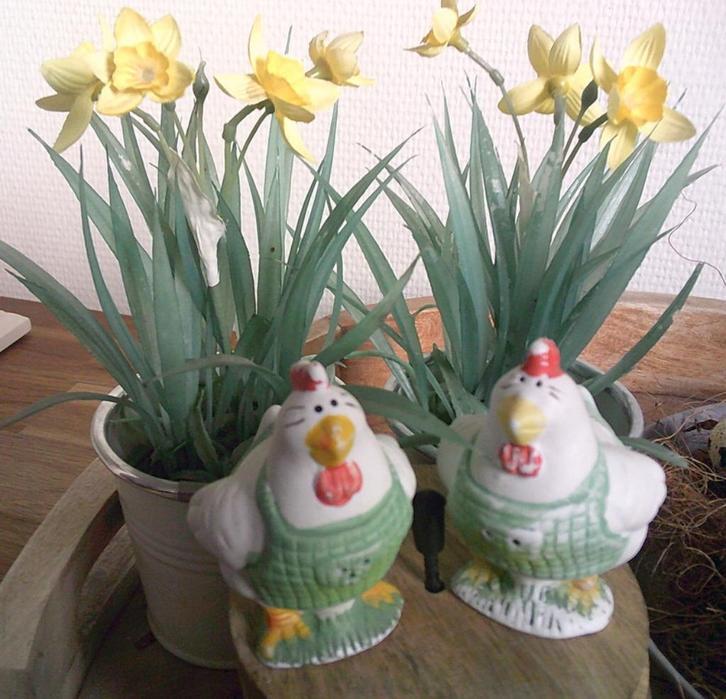 Vintage Peper en zout stel kippetjes met schortje, Antiek en Kunst, Curiosa en Brocante, Ophalen of Verzenden