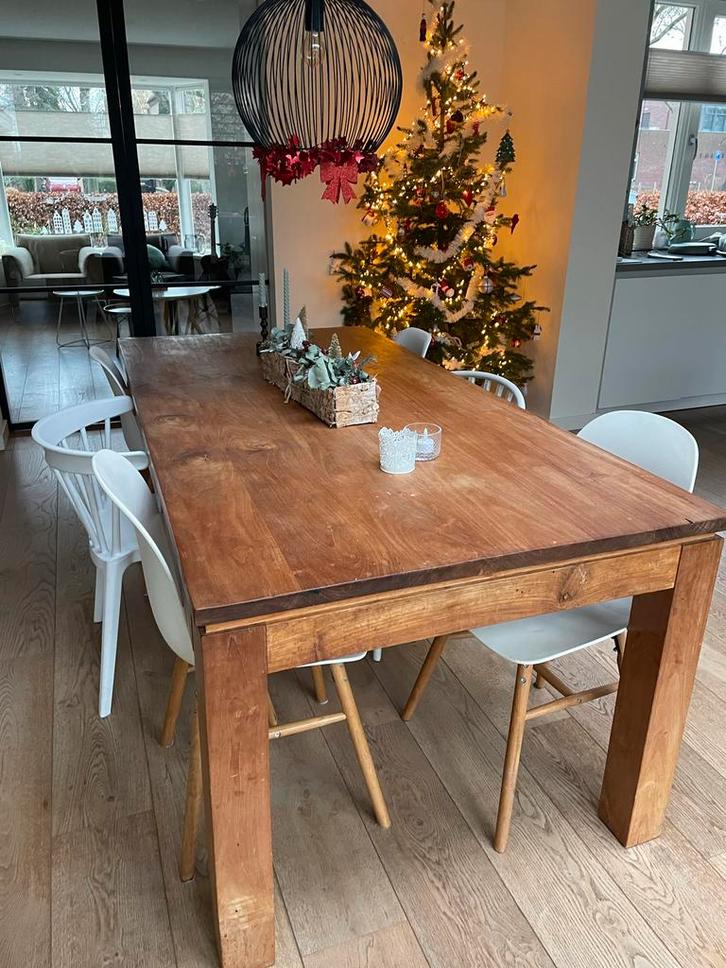 Eikenhouten tafel 1x2m met 6 witte stoelen, Huis en Inrichting, Tafels | Eettafels, Gebruikt, 50 tot 100 cm, 150 tot 200 cm, Vijf personen of meer