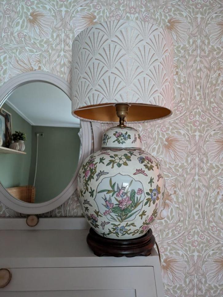 Gemberpot tafellamp met bloemen, Huis en Inrichting, Lampen | Tafellampen, Zo goed als nieuw, Minder dan 50 cm, Hout, Overige materialen