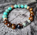 Nieuwe herenarmband zeegroene howlite en Tijgeroog, Met edelsteen, Bruin, Nieuw, Ophalen of Verzenden