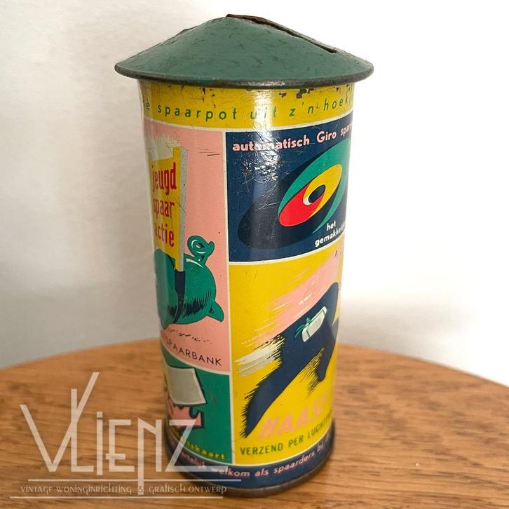 Vintage spaarpot Rijkspostspaakbank, reclamezuil, retro, Verzamelen, Spaarpotten, Gebruikt, Overige thema's, Metaal of Blik, Ophalen of Verzenden
