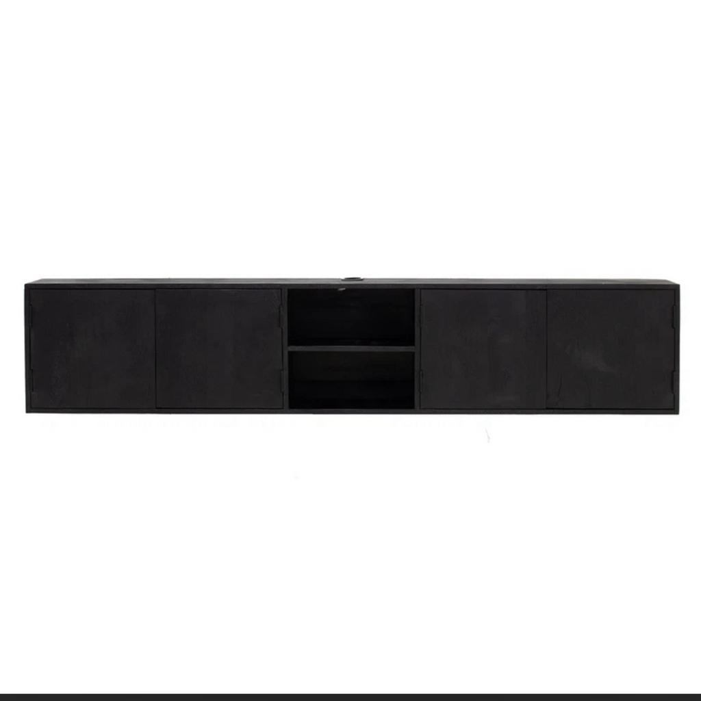 Tv meubel zwevend zwart mangohout 200cm, Info@savoireinteriors.com, 150 tot 200 cm, Ophalen of Verzenden, Minder dan 100 cm