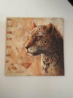 Mooi schilderij canvas doek 70 bij 70 luipaard warm, Ophalen of Verzenden