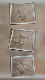 Ingelijste vintage Aziatische zijdeschilderijen met vogels, Ophalen of Verzenden