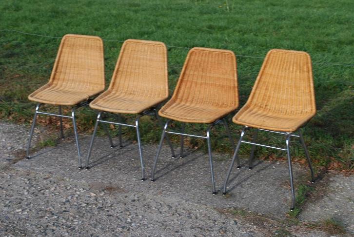 Dirk van Sliedrecht Rotan stoelen (4), Huis en Inrichting, Stoelen, Gebruikt, Vier, Metaal, Riet of Rotan, Bruin, Ophalen