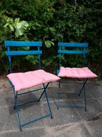 Twee Franse bistro-stoelen, drie balkon bloempotten gratis, Tuin en Terras, Tuinstoelen, Ophalen, Gebruikt, Metaal, Inklapbaar