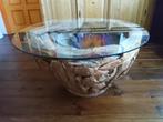Salontafel rond 90 cm hout onderstel met glasplaat, Huis en Inrichting, Tafels | Salontafels, Ophalen, 50 tot 100 cm, Rond, 50 tot 100 cm