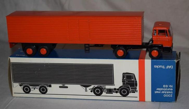 Lion Car Nr.69 DAF 2300 met Eutotrailer - oranje MIB, Hobby en Vrije tijd, Modelauto's | 1:50, Nieuw, Bus of Vrachtwagen, Lion Toys