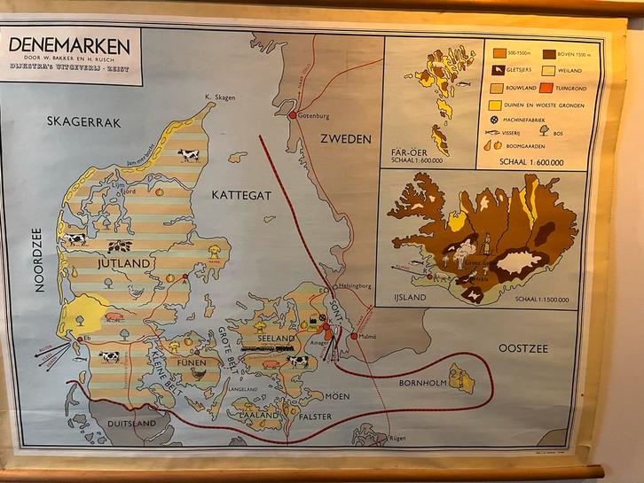 Oude schoolkaart Denemarken, Dijkstra's Uitgeverij, Antiek en Kunst, Antiek | Schoolplaten, Aardrijkskunde, Ophalen of Verzenden