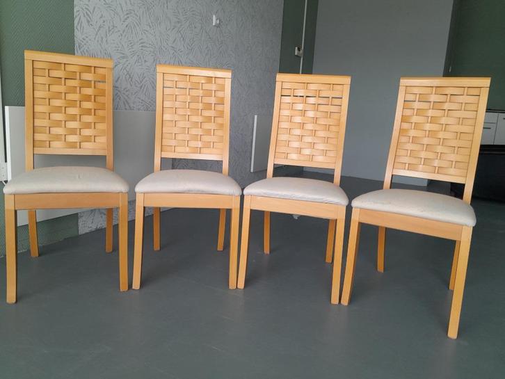 4 stoelen eetkamer Galligaris strak eenvoud hout combi stof, Antiek en Kunst, Antiek | Meubels | Stoelen en Banken, Ophalen of Verzenden