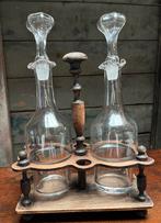 Antiek vintage Olie en azijn stel in houten houder, Ophalen of Verzenden
