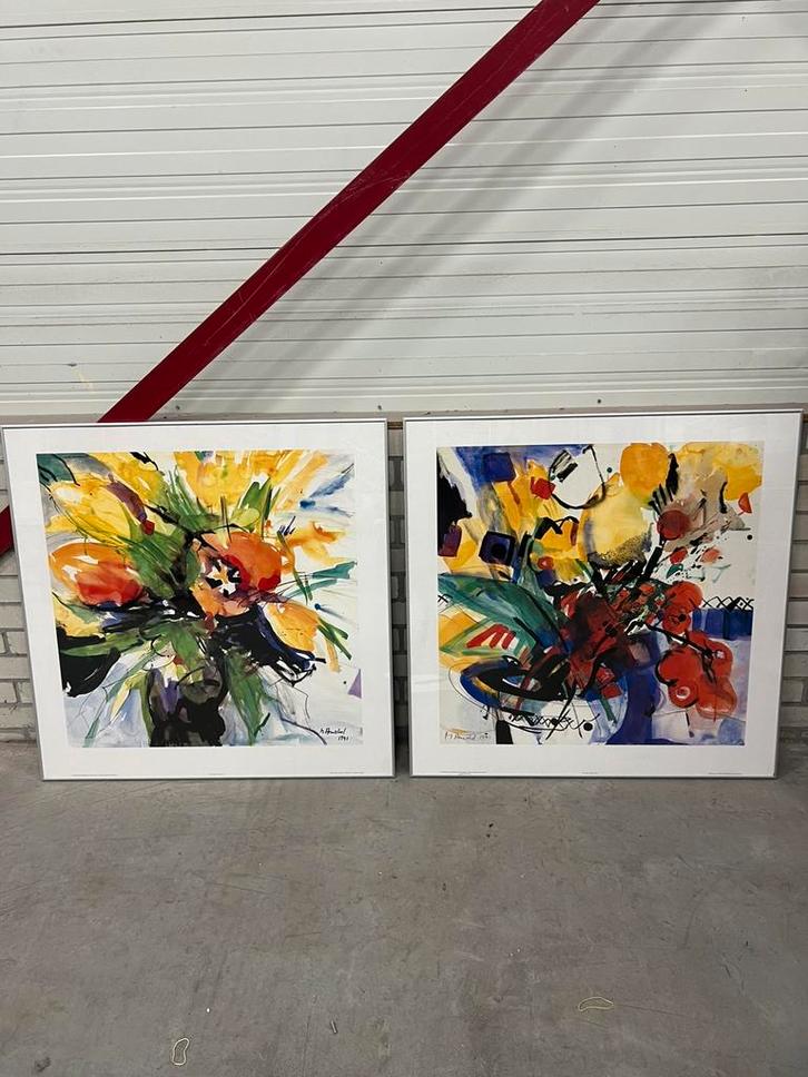 Kleurrijke kunstposters Mona Arnold 1991 – set van 2, Antiek en Kunst, Kunst | Schilderijen | Abstract, Ophalen of Verzenden