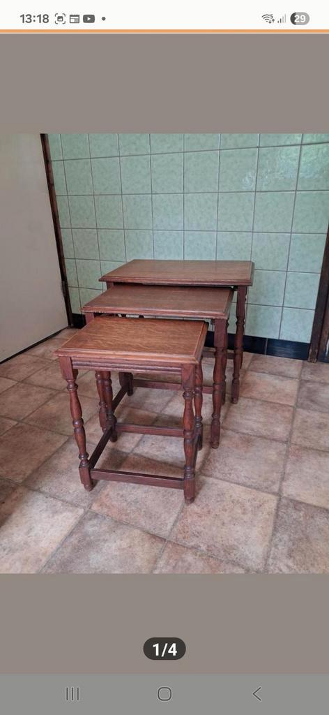 Antiek Eiken Bijzettafeltjes Set, Huis en Inrichting, Tafels | Bijzettafels, Gebruikt, Rechthoekig, Hout, Ophalen of Verzenden