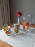 Vintage sap limonade water glazen met sapkan met fruitmotief, Ophalen of Verzenden, Zo goed als nieuw
