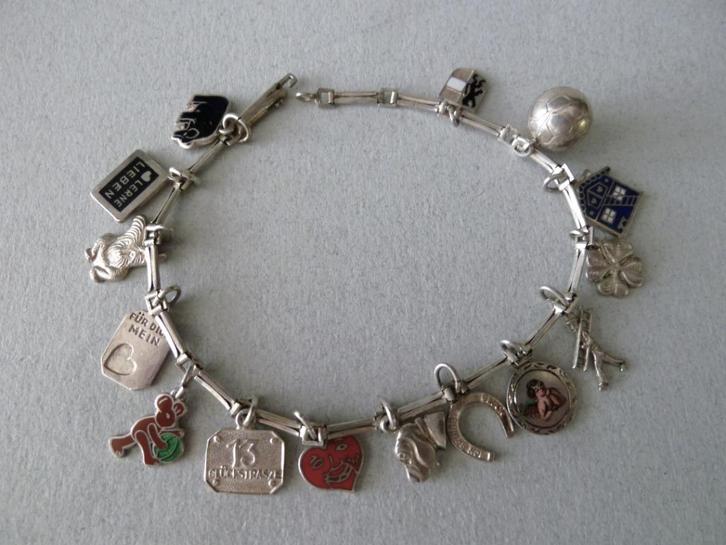 Oude Duits/Oostenrijkse Geluks Bedelarmband zilver email, Sieraden, Tassen en Uiterlijk, Antieke sieraden, Armband, Zilver, Verzenden