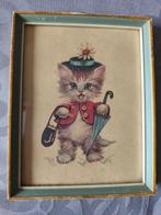 Vintage schilderijtje met lijst Kat met tas en paraplu, Antiek en Kunst, Ophalen
