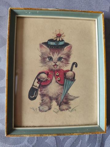 Vintage schilderijtje met lijst Kat met tas en paraplu  beschikbaar voor biedingen