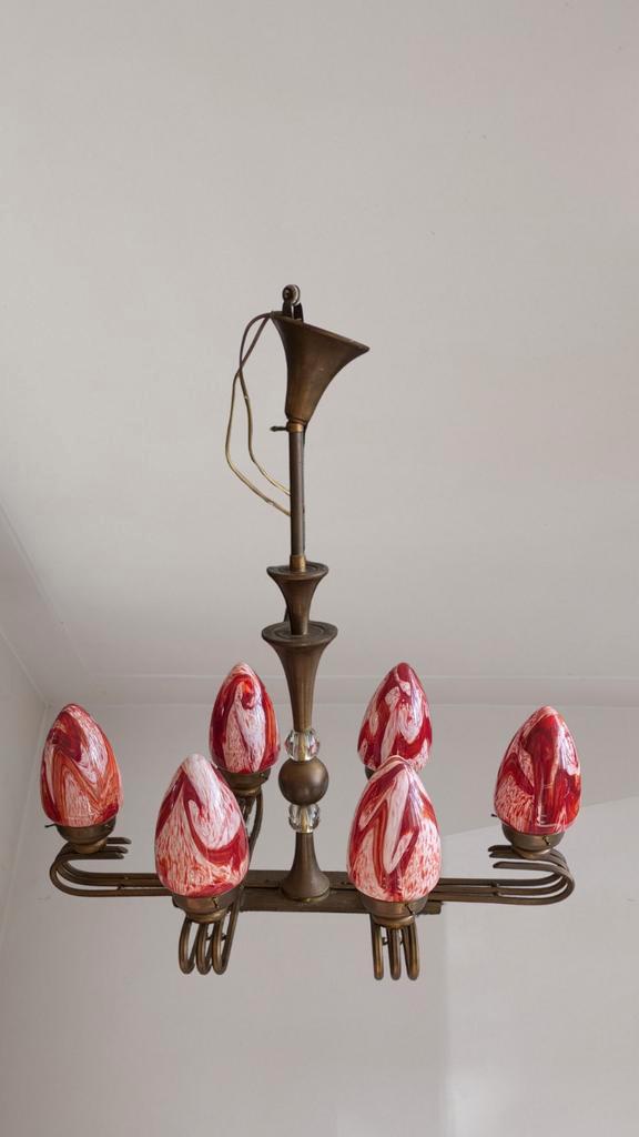 Art Deco Kroonluchter met Rode Accent, Huis en Inrichting, Lampen | Kroonluchters, Gebruikt, Glas, Metaal, Ophalen of Verzenden