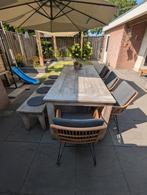 Teak tuintafel 220x90 + teak bankje + 4 wicker kuipstoelen, Tuin en Terras, Ophalen, Zo goed als nieuw, Teakhout
