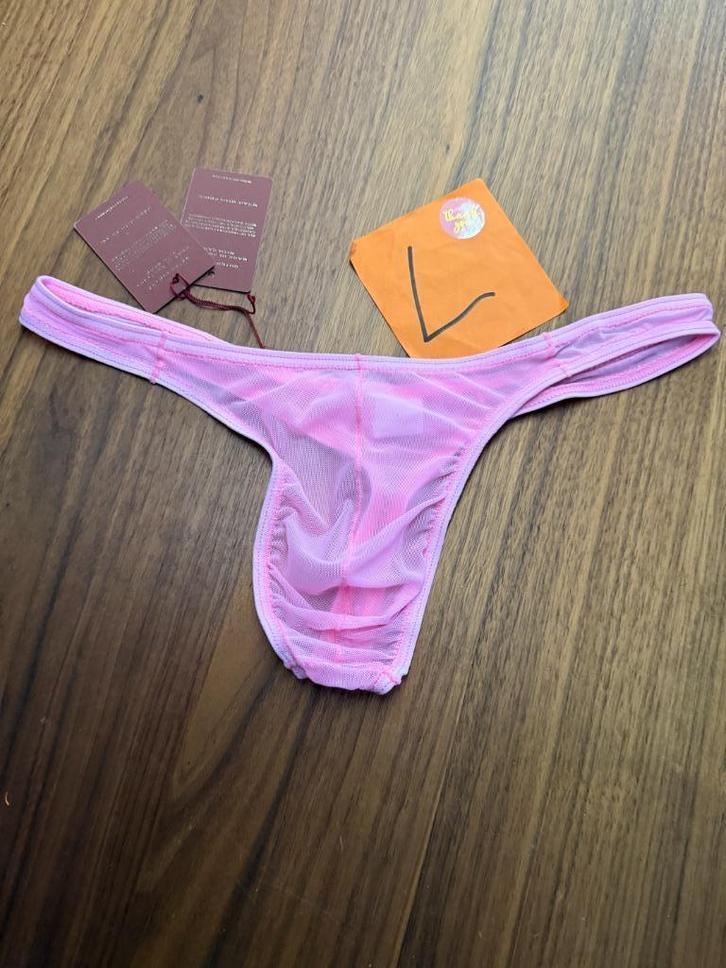 nylon string thong, doorschijnend, maat  L, roze, Kleding | Heren, Ondergoed, Slip, Roze, Ophalen of Verzenden