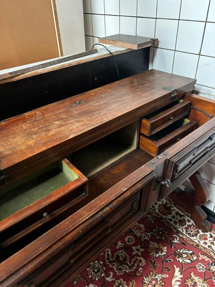 Houten bureau / schrijftafel met opklapbaar blad en laden, Huis en Inrichting, Bureaus, Gebruikt, Bureau, Ophalen
