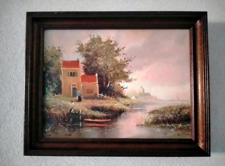 Gesigneerd landschapsschilderij, linnen doek in mooie lijst, Antiek en Kunst, Kunst | Schilderijen | Klassiek, Ophalen