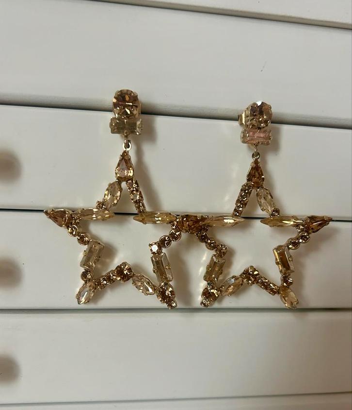 Gouden Ster Oorbellen met Swarovski, Sieraden, Tassen en Uiterlijk, Oorbellen, Zo goed als nieuw, Hangers, Goud, Met kristal, Ophalen of Verzenden