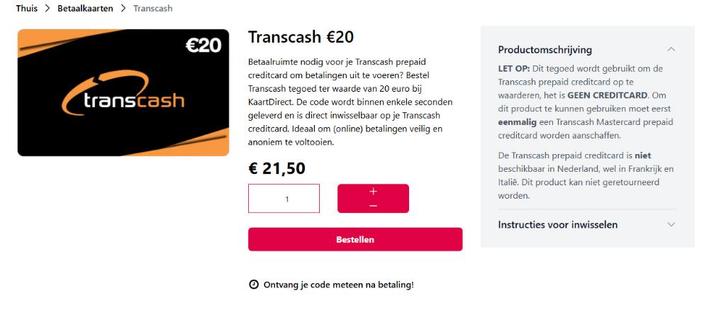 Transcash €20, Computers en Software, Overige Computers en Software, Nieuw, Ophalen of Verzenden