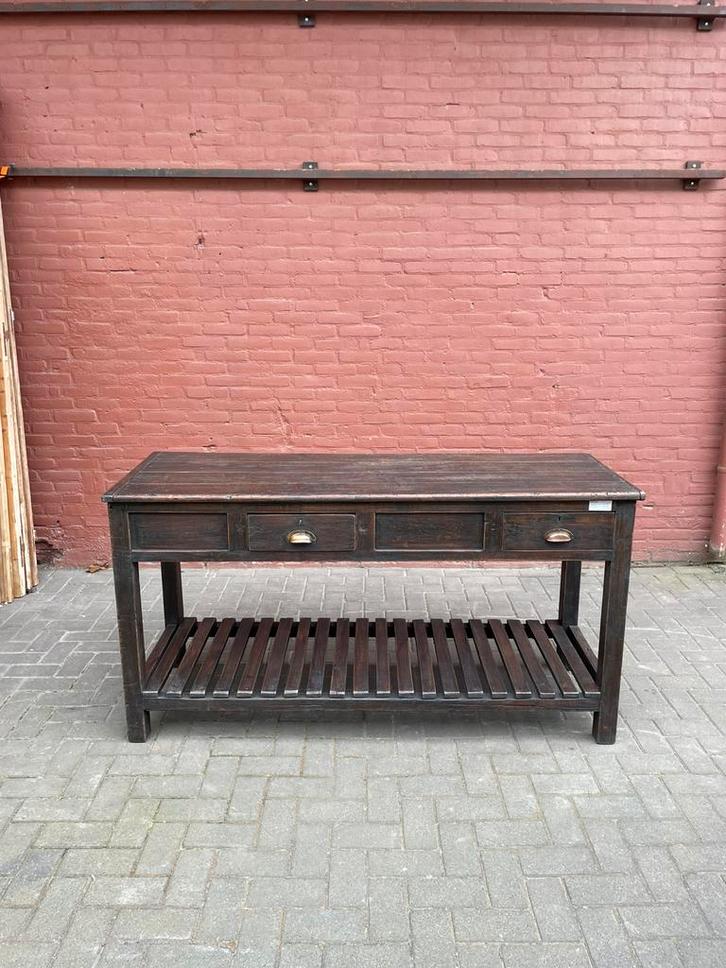 Antieke teakhouten sidetable met 2 lades en een plateau, Huis en Inrichting, Tafels | Sidetables, Ophalen of Verzenden