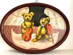 Vintage houten paneel schilderij Engels Teddyberen 55 cm, Ophalen, Stoffen beer, Overige merken