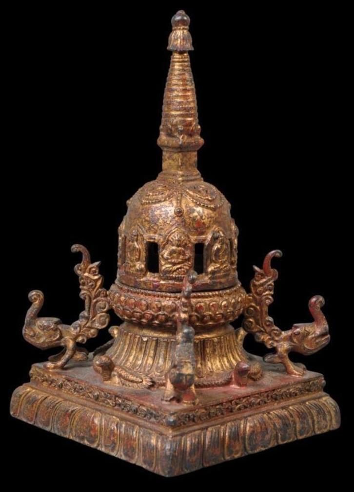 Nepalese vuurvergulde bronzen chaitya (stupa), Huis en Inrichting, Woonaccessoires | Boeddhabeelden, Gebruikt, Ophalen of Verzenden