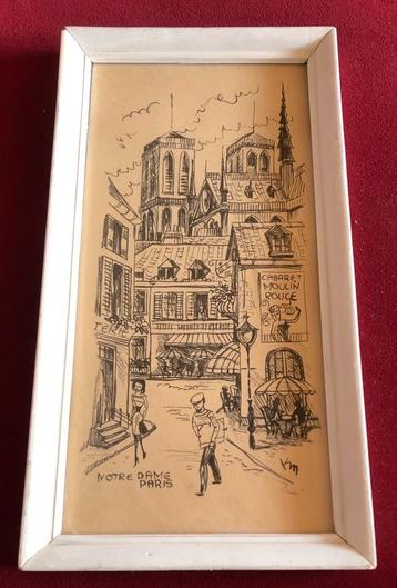 Lijst oude tekening Parijs Notre Dame Paris Moulin Rouge