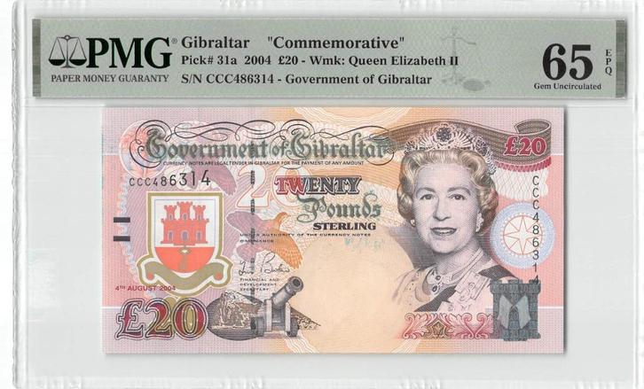 Gibraltar 20 Pounds Sterling 2004 Unc PMG 65 EPQ, Postzegels en Munten, Bankbiljetten | Europa | Niet-Eurobiljetten, Los biljet