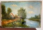Schilderij idyllisch huisje aan het water, Antiek en Kunst, Kunst | Schilderijen | Klassiek, Ophalen of Verzenden