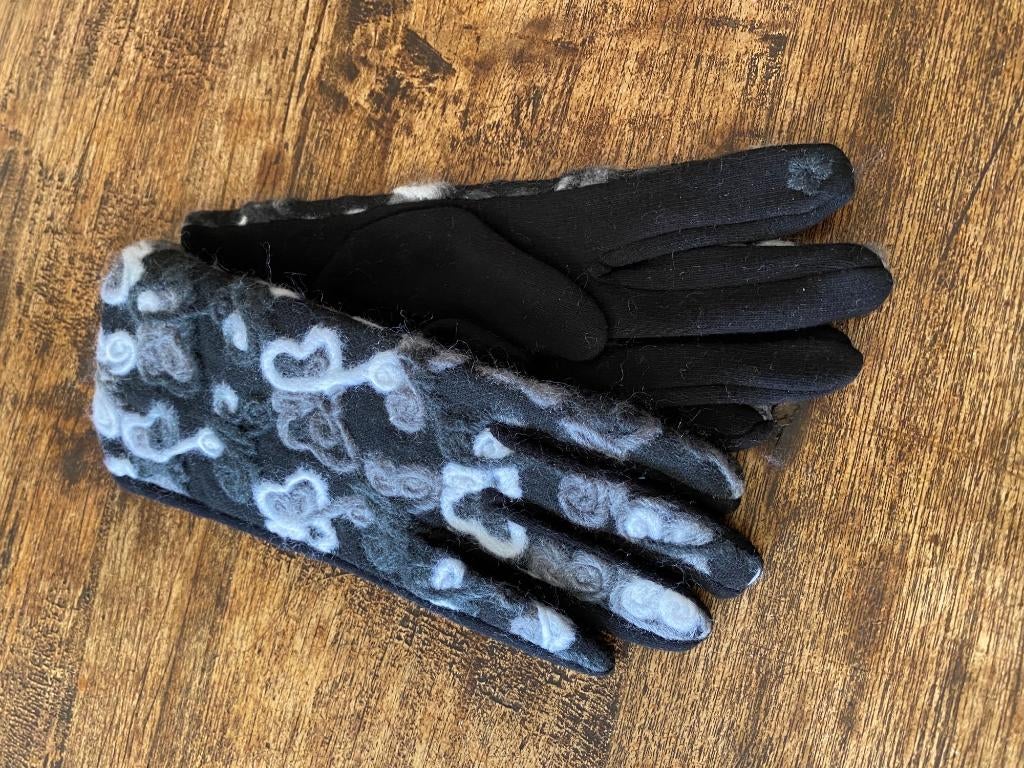 Zwarte met vilt bewerkte decoratieve dames handschoenen, Ophalen of Verzenden
