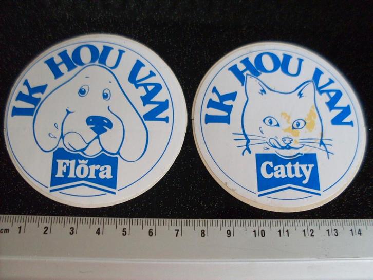 2x sticker ik hou  van flora catty logo kat hond poes, Verzamelen, Stickers, Zo goed als nieuw, Merk, Verzenden