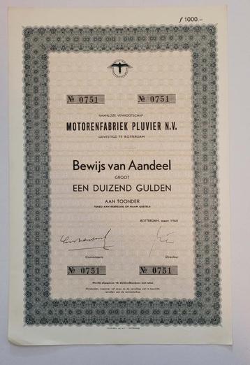 Motorenfabriek Pluvier N.V. 1000 gulden 1960 aandelen beschikbaar voor biedingen