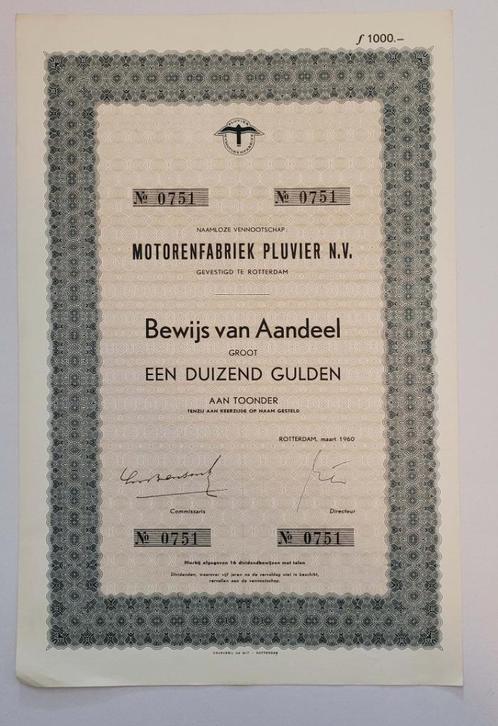 Motorenfabriek Pluvier N.V. 1000 gulden 1960 aandelen, Postzegels en Munten, Aandelen en Waardepapieren, Aandeel, 1950 tot 1970