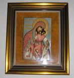 Russisch porzeleinen ikoon in houten lijst., Antiek en Kunst, Antiek | Religie, Ophalen