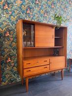 Vintage Wandkast met vitrine, klep en laden, Ophalen, Gebruikt, Teakhout, Minder dan 150 cm