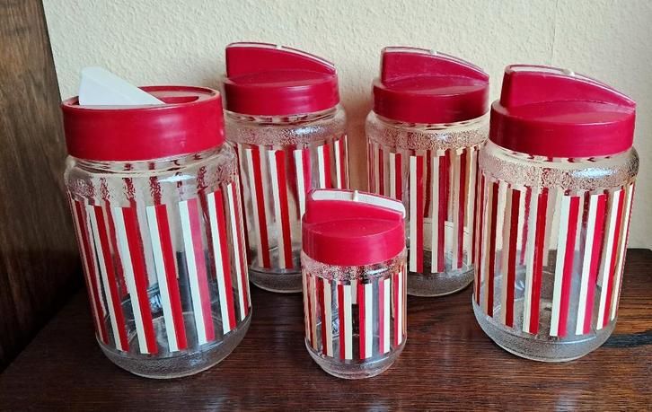 5 vintage glazen schenkpotten jaren 60 - 70, Antiek en Kunst, Curiosa en Brocante, Ophalen of Verzenden