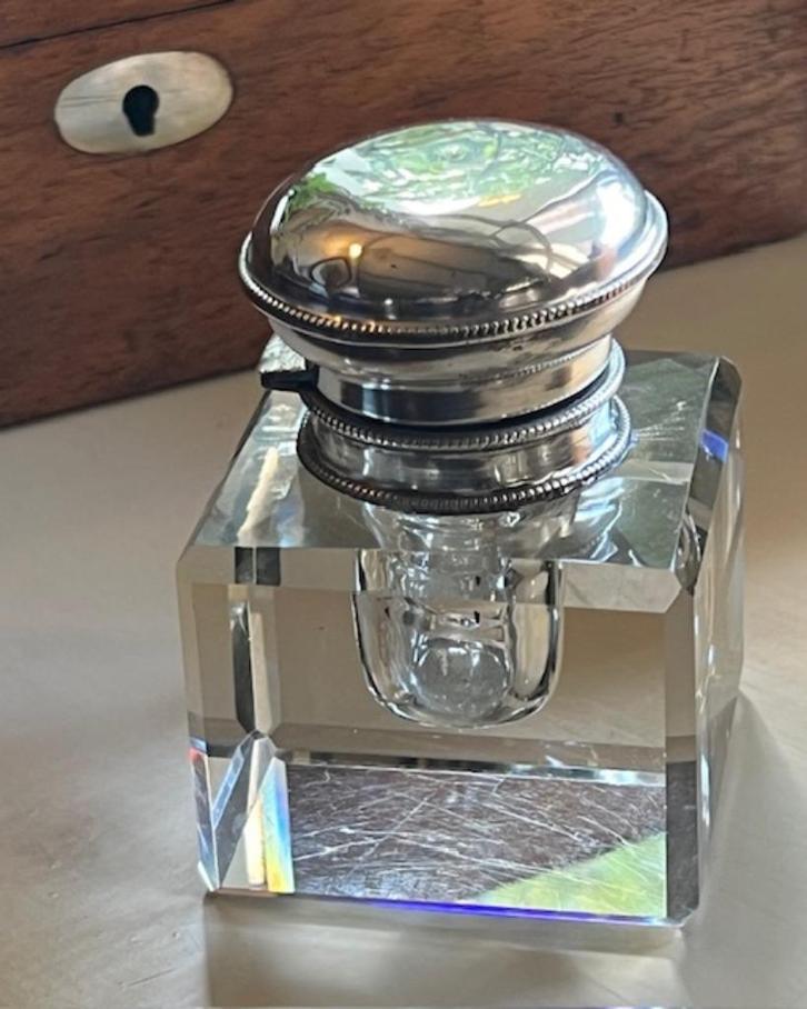 INKTPOT KRISTAL MET ZILVEREN MONTUUR/DOP PARELRAND, Antiek en Kunst, Antiek | Goud en Zilver, Zilver, Verzenden